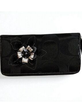 Coach Signature Jacquard Accordion Wallet Metallic Flower Applique Black Canvas